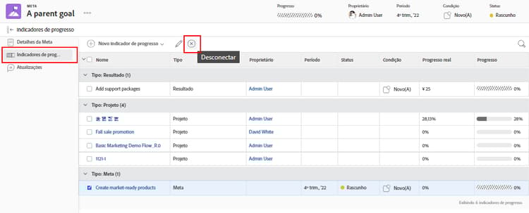 Uma captura de tela da opção Remover alinhamento no Workfront Goals