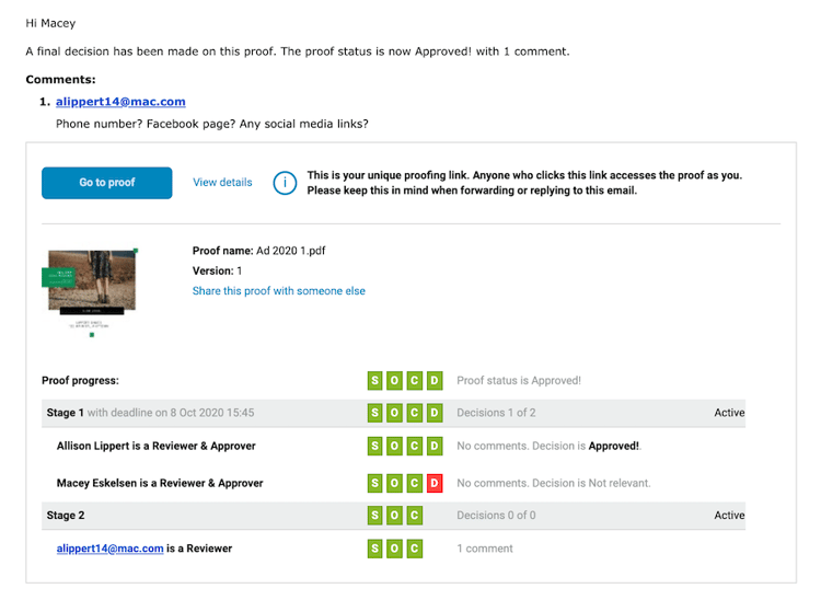 Uma imagem de um alerta por email indicando que uma decisão foi tomada na prova e que há um comentário para revisão.