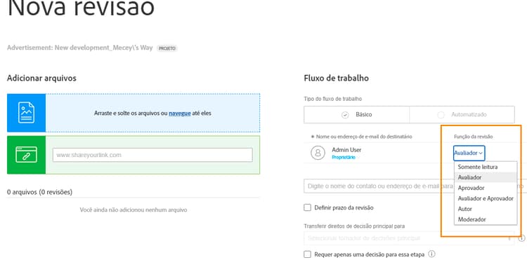 Funções de prova podem ser selecionadas ao fazer upload de uma prova