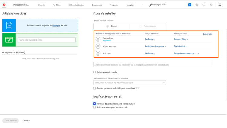 Uma imagem da janela Nova prova com as colunas Função na prova e Alertas por email realçadas.