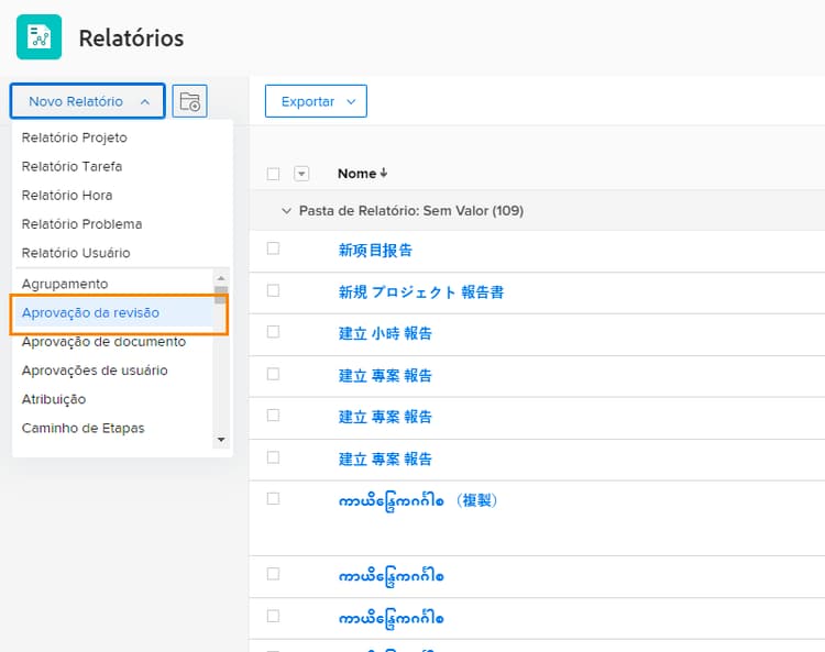 Selecione Aprovação de prova no menu suspenso Novo relatório
