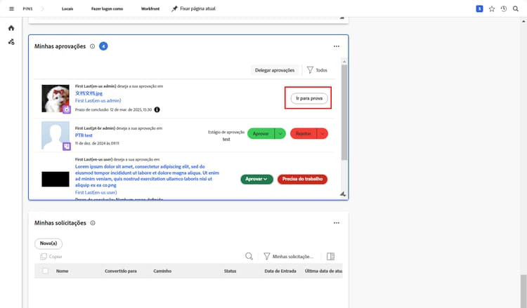 Uma imagem do widget Minhas aprovações na Página inicial do Workfront.