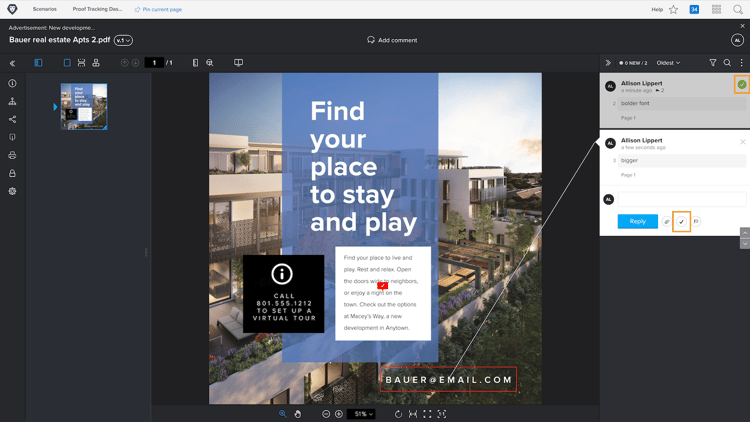 Uma imagem de uma prova no visualizador de provas com o ícone de marca de seleção destacado no comentário.