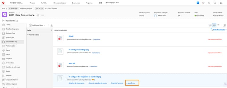Uma imagem da seção Documentos encontrada em uma tarefa do Workfront com o link Abrir prova realçado.