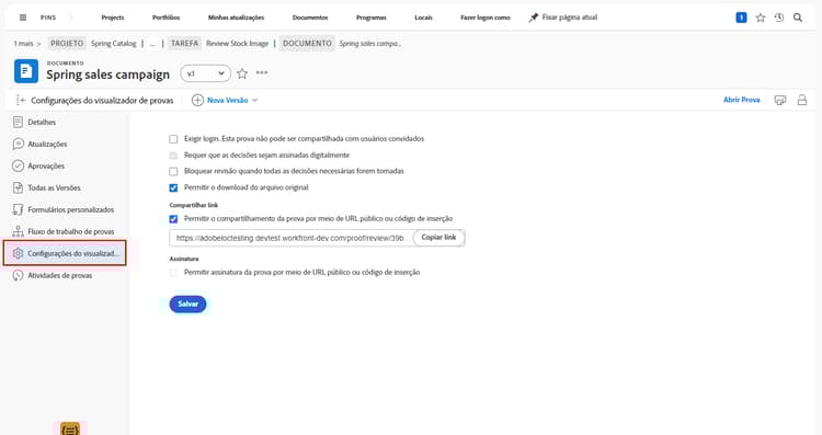 Uma imagem das Configurações do visualizador de revisões da página da revisão com a opção Configurações do visualizador de revisões realçada no menu do painel esquerdo.