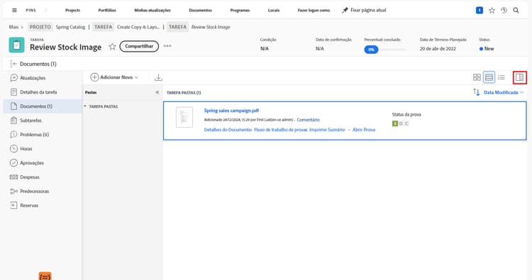 Uma imagem da seção Documentos de um projeto com uma prova selecionada.