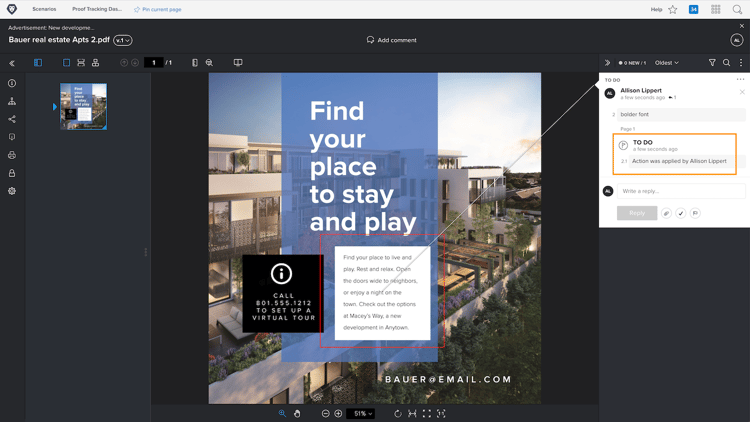 Uma imagem de uma prova no visualizador de provas com a ação de prova Pendente destacada no comentário.