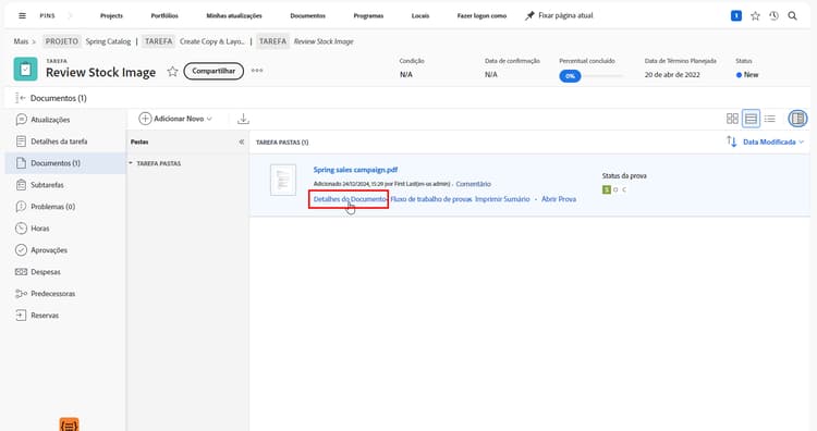 Uma imagem da seção Documentos de um projeto com uma prova selecionada e Detalhes do documento destacada.