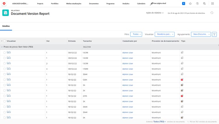 Imagem de um relatório de versão do documento no Workfront.
