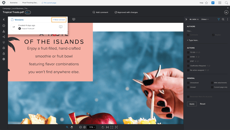 Uma imagem do visualizador de provas com o menu de versões expandido no canto superior esquerdo e o link Nova versão realçado.