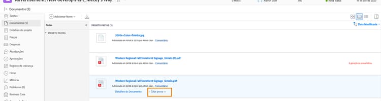 Uma imagem da área Documentos em um projeto do Workfront com a opção Gerar prova destacada.