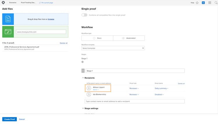 Imagem da janela de upload da prova com o proprietário da prova destacado na lista de recipients.