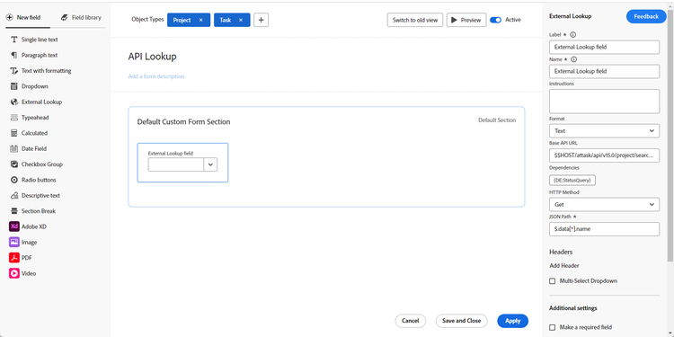 Configuração da chamada de API para o Workfront no formato personalizado