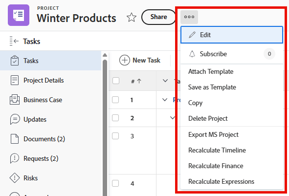 Amostra do menu Mais de um projeto