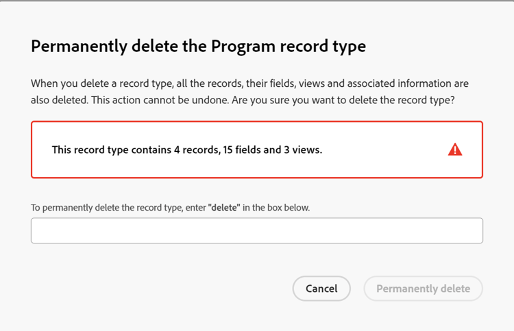 Excluir permanentemente a confirmação do tipo de registro