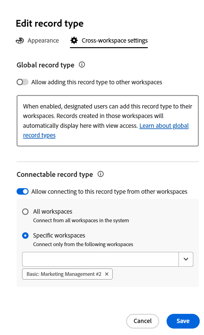 Editar tipo de registro Configurações entre espaços de trabalho com Adicionar a outros espaços de trabalho habilitado