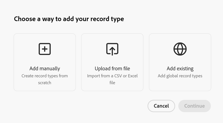 Modal para adicionar tipo de registro com opção para adicionar de outro espaço de trabalho