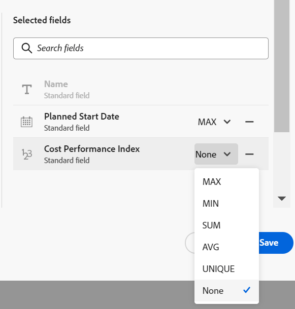 Lista suspensa de agregadores para o campo de número vinculado