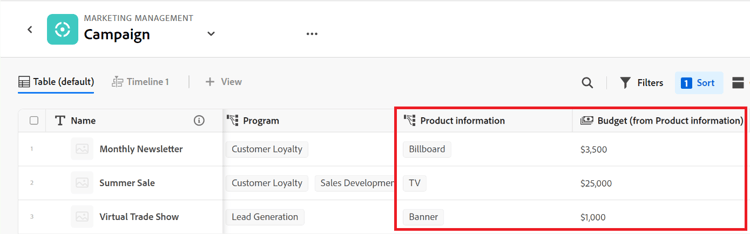 Exemplo de informações sobre o produto e campos de relacionamento de orçamento para a tabela de registro de campanha