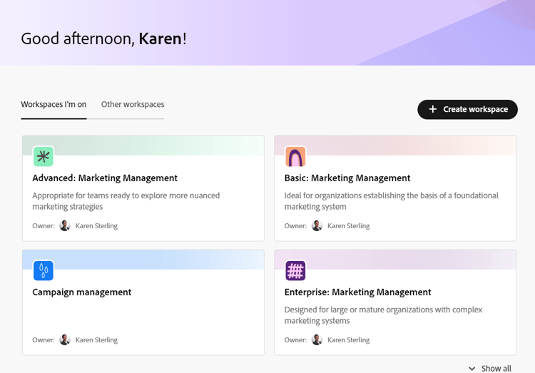 Conta de administrador da página de aterrissagem do Workspaces