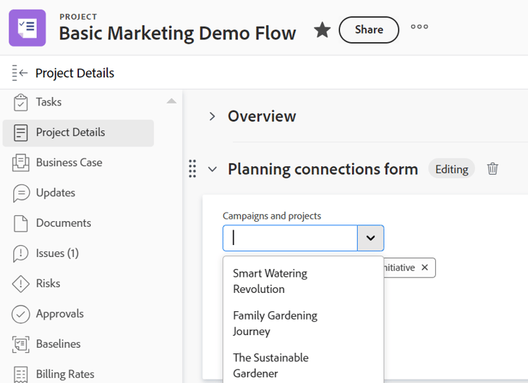 Campo de conexão do Planning no projeto com lista de registros aberta