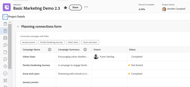 Campo de conexão do Planning com tabela no formulário personalizado Detalhes do projeto
