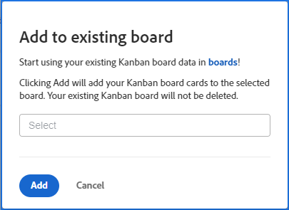 Adicionar cartões Kanban ao quadro existente