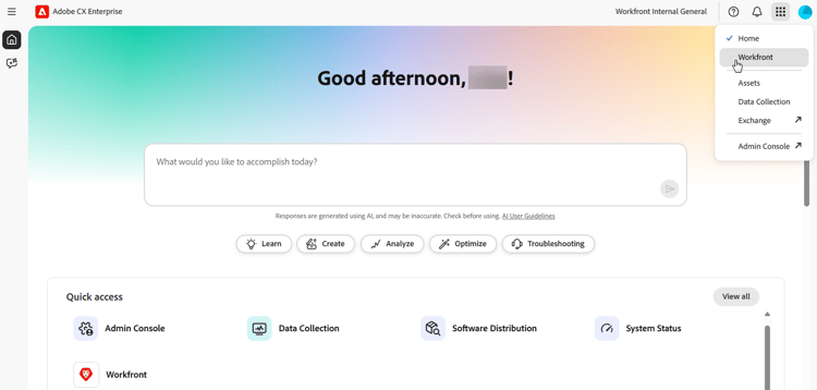 Selecione Workfront para acessar o aplicativo