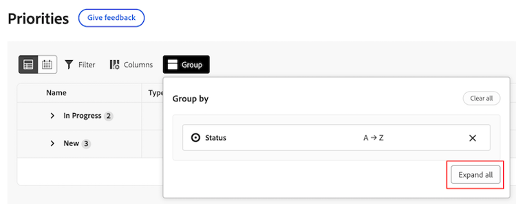 Expandir ou recolher grupos