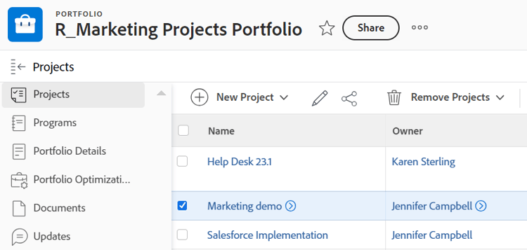 Botão Remover projetos