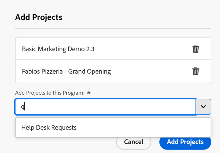 Adicionar projetos existentes à caixa de programa
