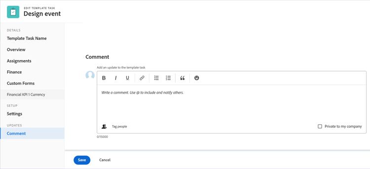 Seção de comentário sobre a edição da tarefa de modelo