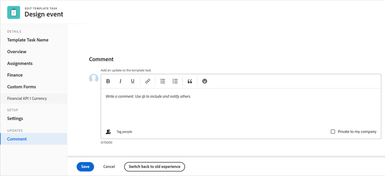 Seção de comentário sobre a edição da tarefa de modelo