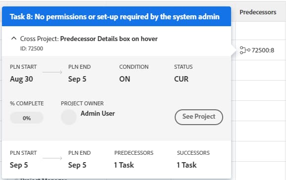 Detalhes de predecessoras entre projetos