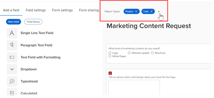 Adicionar tipo de objeto ao formulário