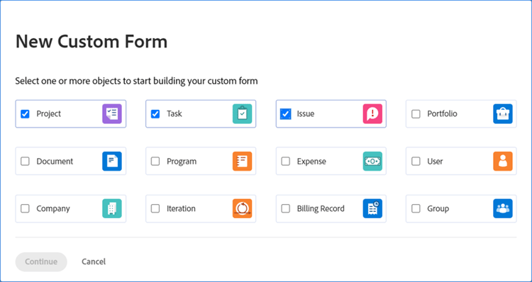Tipos de objeto de formulário personalizado