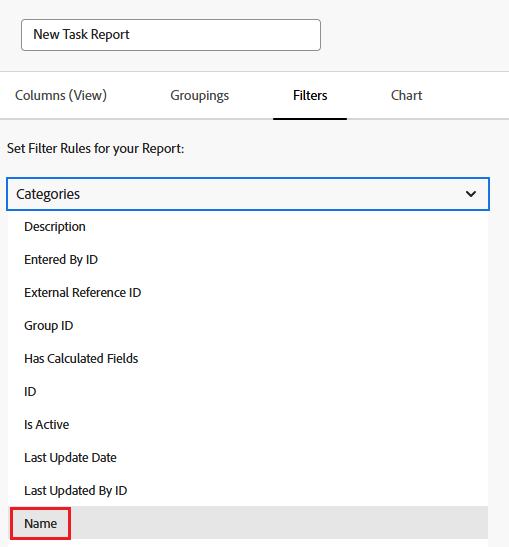 Filtro de nome de categoria