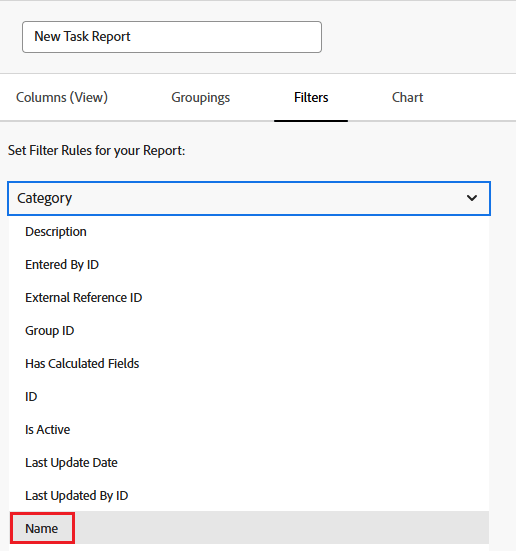 Filtro de nome de categoria