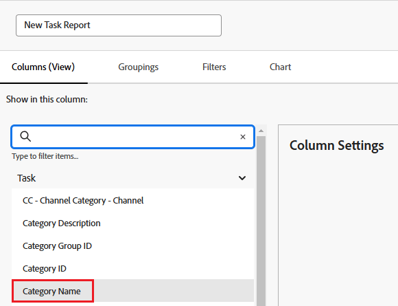 Coluna de nome de categoria