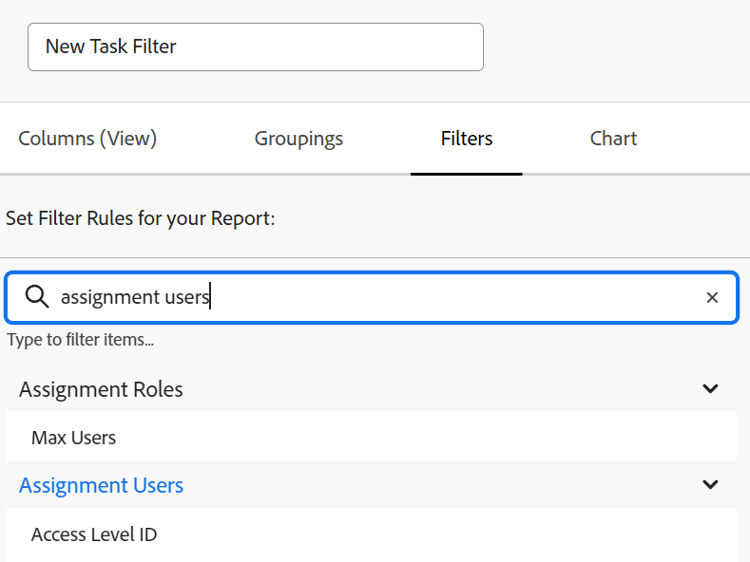 Atribuir usuários e funções no filtro de tarefa