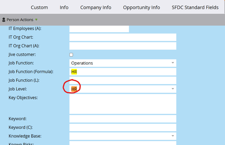 Valor da lista de seleção de nível de cargo: RH