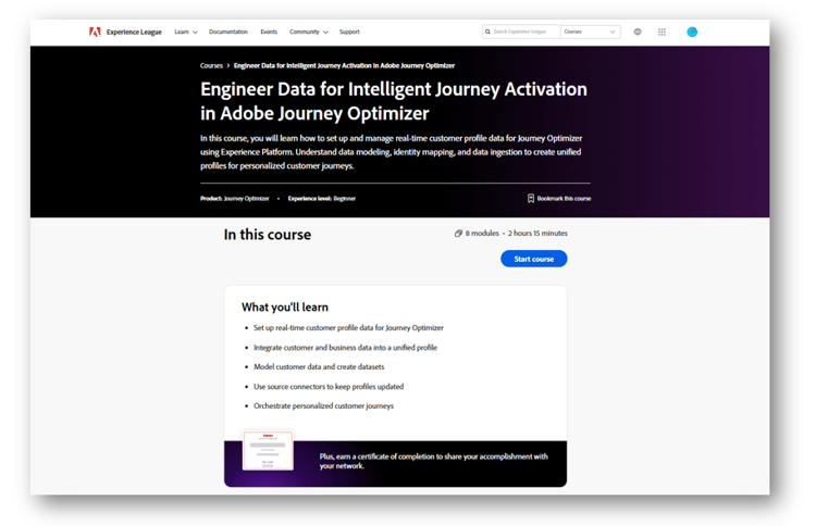 Página de destino de cursos da Experience League