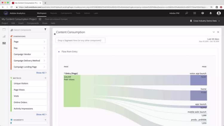 Utilização de tabelas, visualizações e painéis no Analysis Workspace