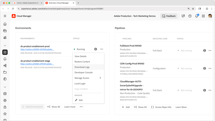 Captura de tela de Abrir seu ambiente AEM as a Cloud Service