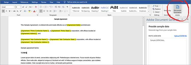 Skärmbild av taggningstillägget Adobe Document Generation i Word