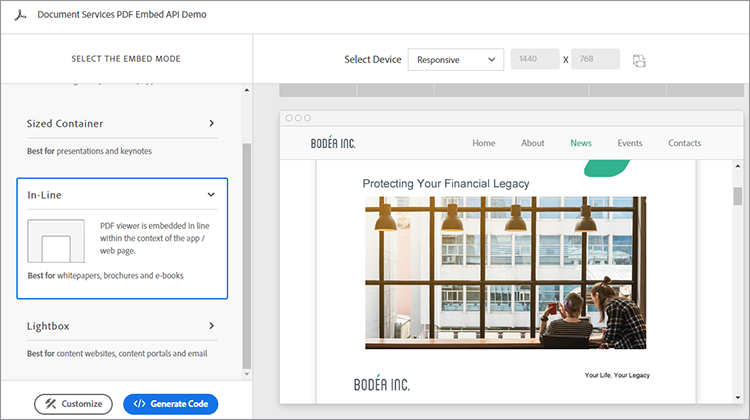 Skärmbild av live-demo av PDF Embed API