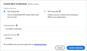 Skärmbild av att skapa nya autentiseringsuppgifter för PDF Embed API