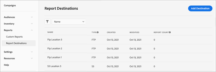 Om Report Destinations | Adobe Advertising