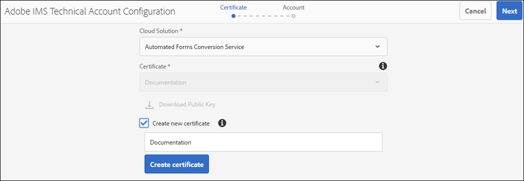 Sidan Konfiguration av Adobe IMS Technical Account