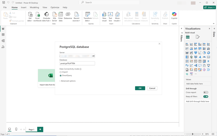 Inställningar för PowerBI Desktop Server och Database